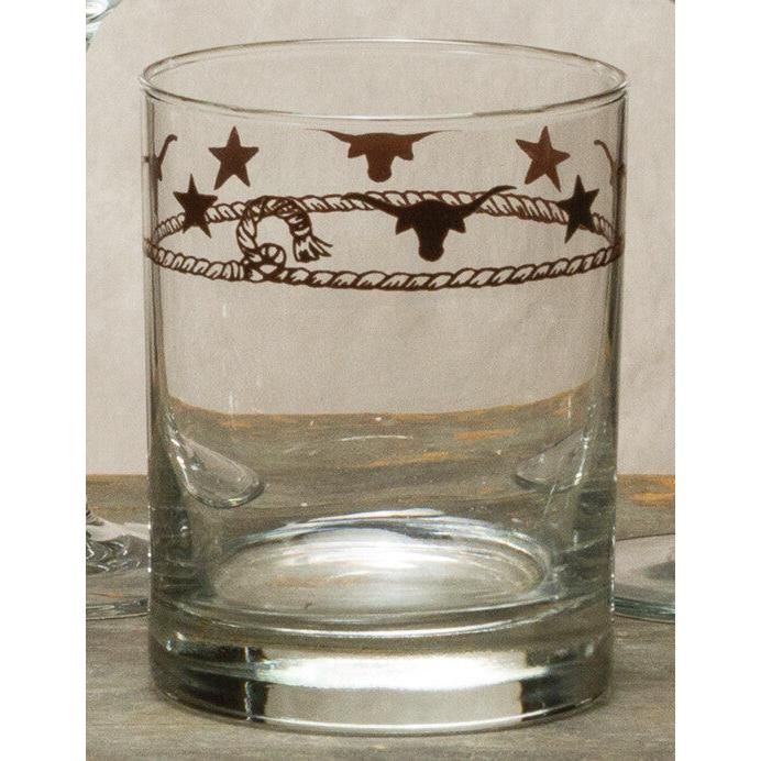 West Creation 14 oz Stars &amp; Longhorns Whiskey Glassware- Set of 4