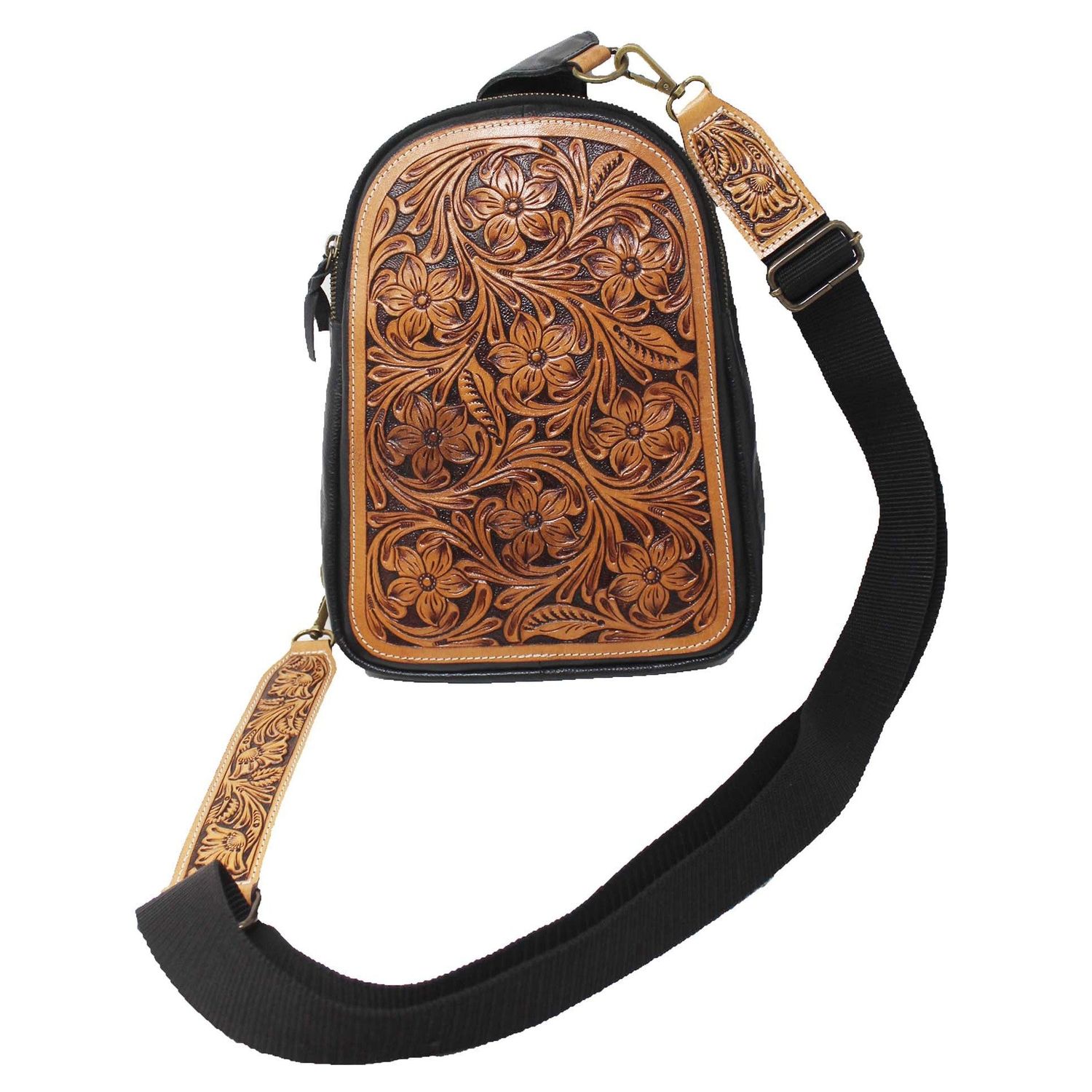 Western Floral Tooled Pebbled Crossbody Sling Bag- Black-1