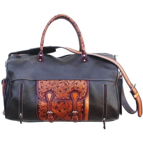 Western Floral Tooled Pebbled Leather Weekender Duffle Bag-Black