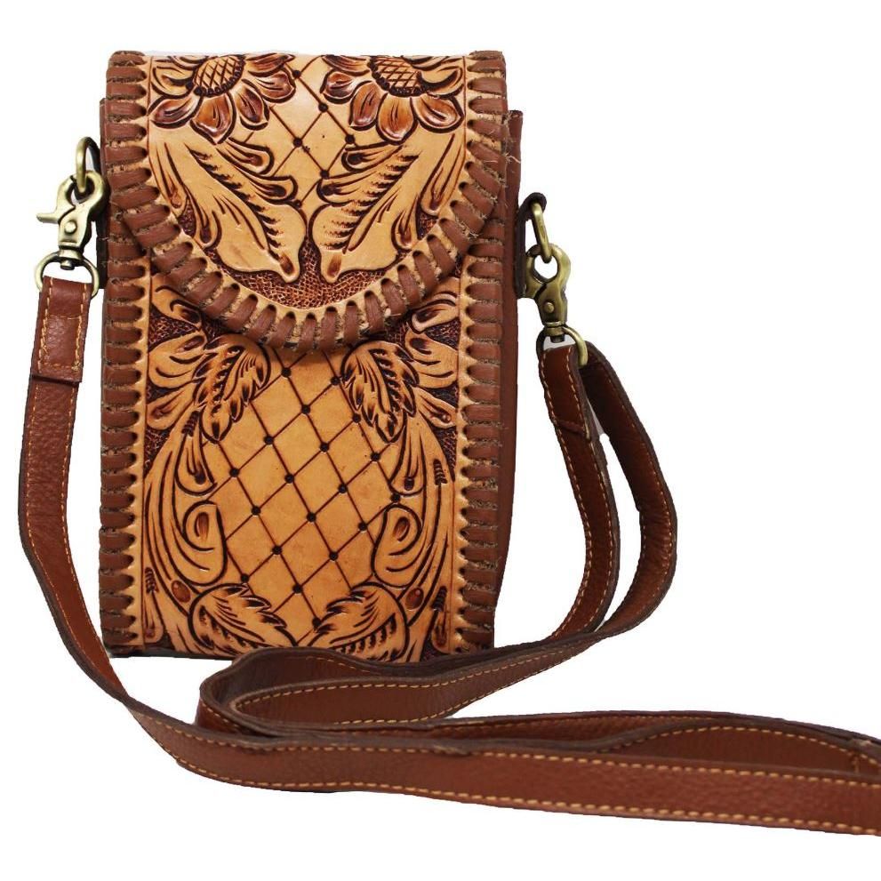 Western Women's Floral Tooled Brown Laced Sling Crossbody