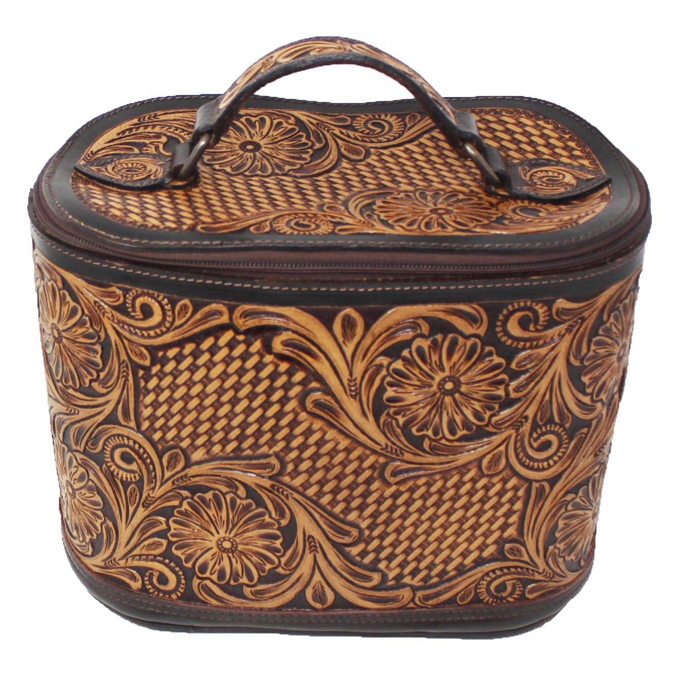 Western Women's Western Antique Floral Basket Tooled Leather Cosmetic Travel Train Bag-1