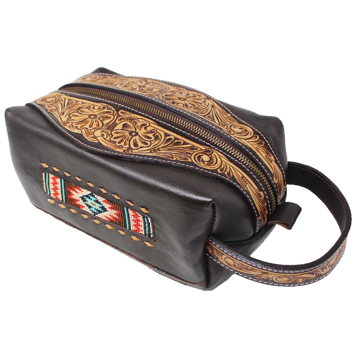 Western Men's Floral Tooled Beaded Pebbled Leather Travel Toiletry Dopp Kit Bag
