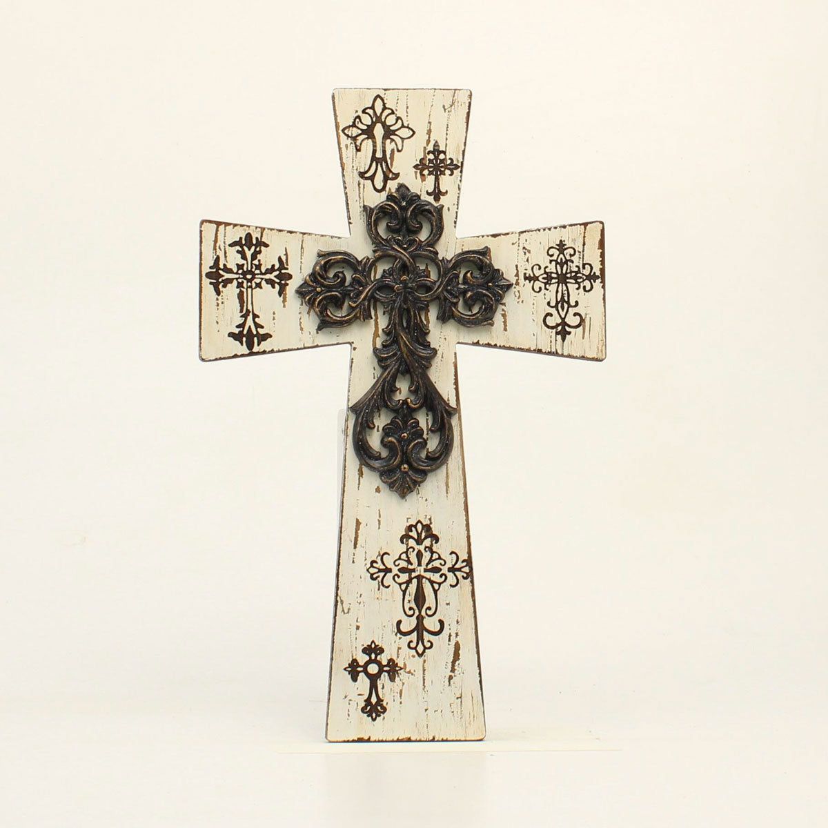Western Moments Distressed Ivory Wooden Cross with Painted and Resin Cross Accent 9.75x15.75"