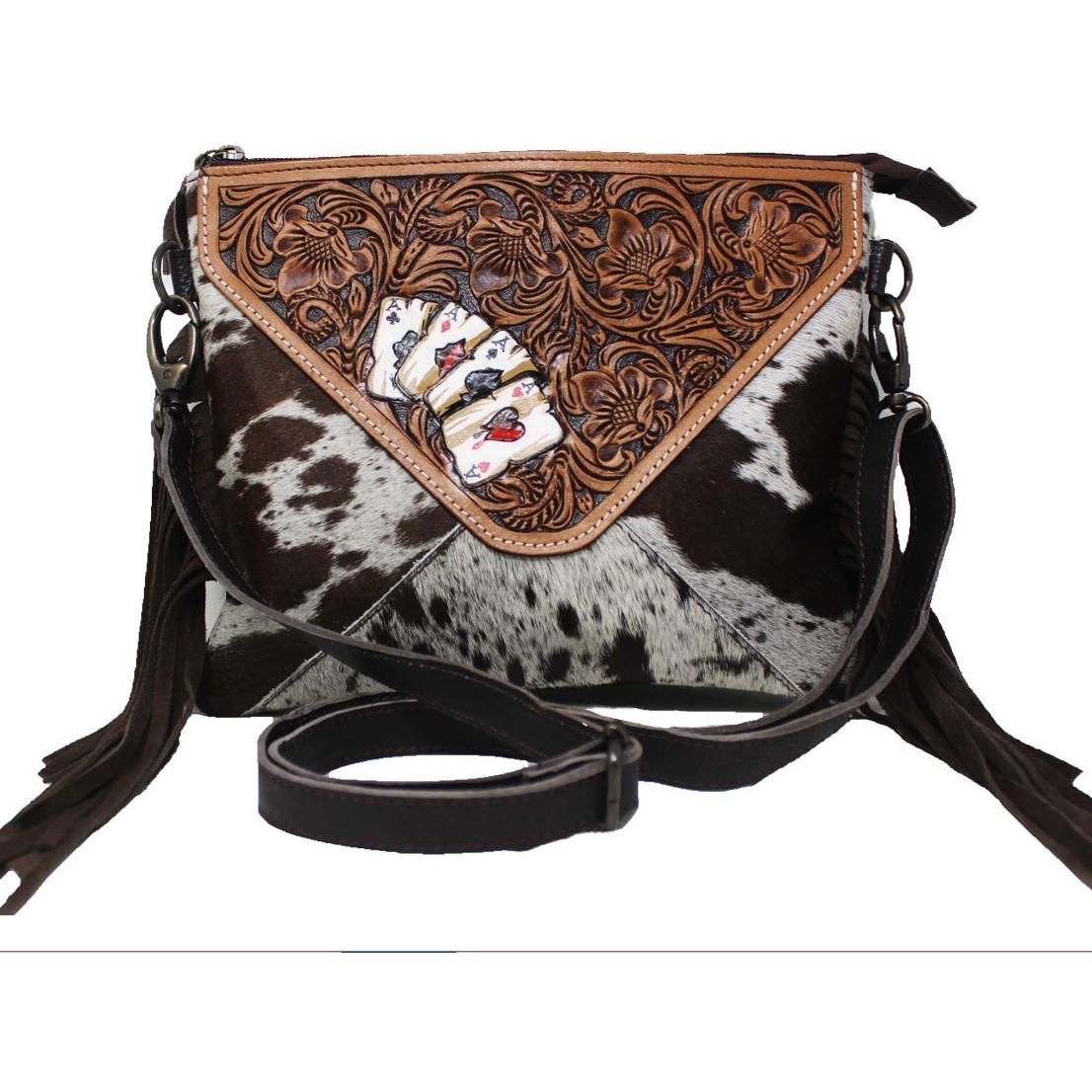 Western Women's Cowhide Distressed Poker Tooled Leather Crossbody Bag