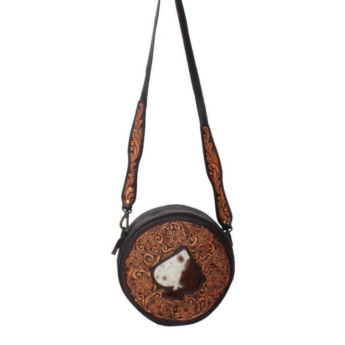 Western Women's Poker Spade Cowhide Cutout Round Canteen Crossbody Bag