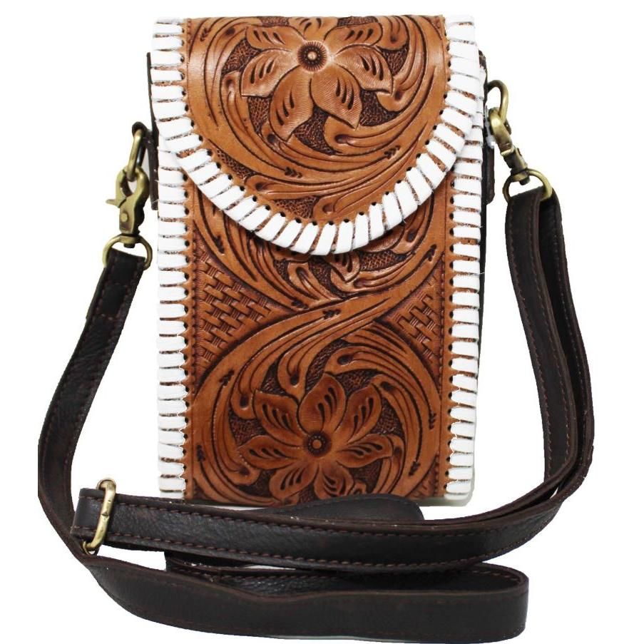 Western Women's Floral Tooled White Laced Sling Crossbody