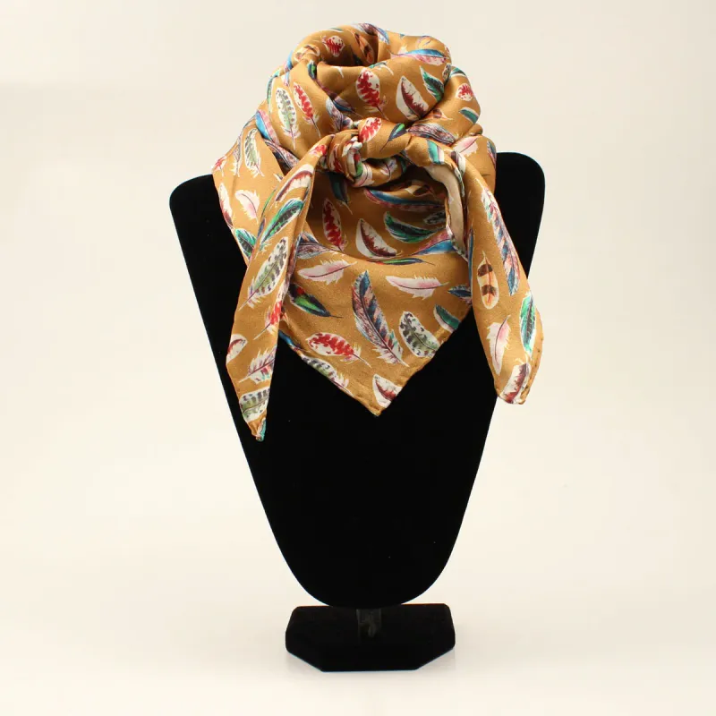 Wild Rag 100% Silk - Tan with Multi Color Feathers