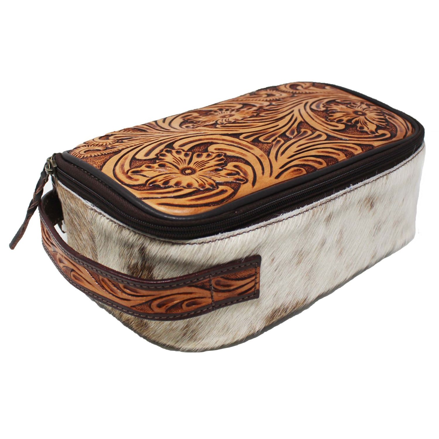 Women's Western Cowhide Floral Tooled Leather Cosmetic Travel Train Bag - Floral