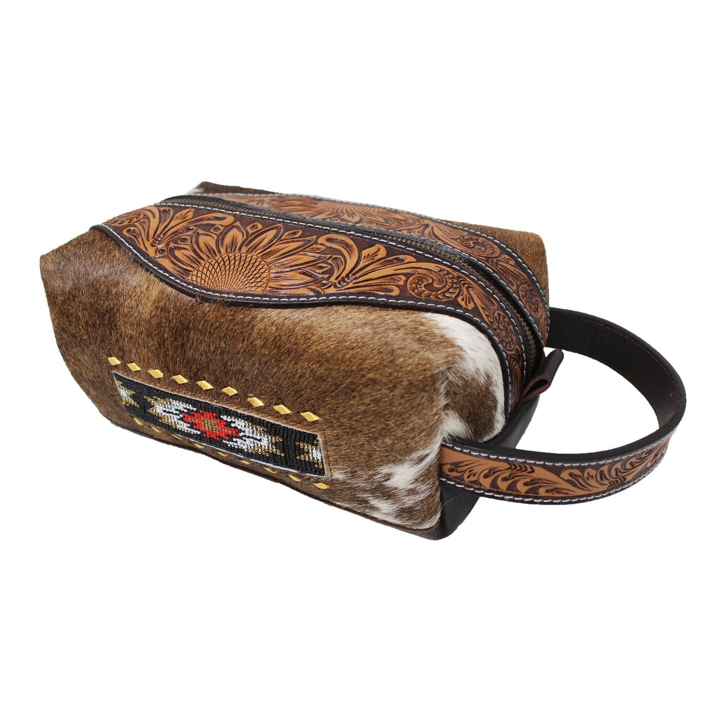 Western Floral Tooled Leather Beaded Travel Toiletry Dopp Kit Bag