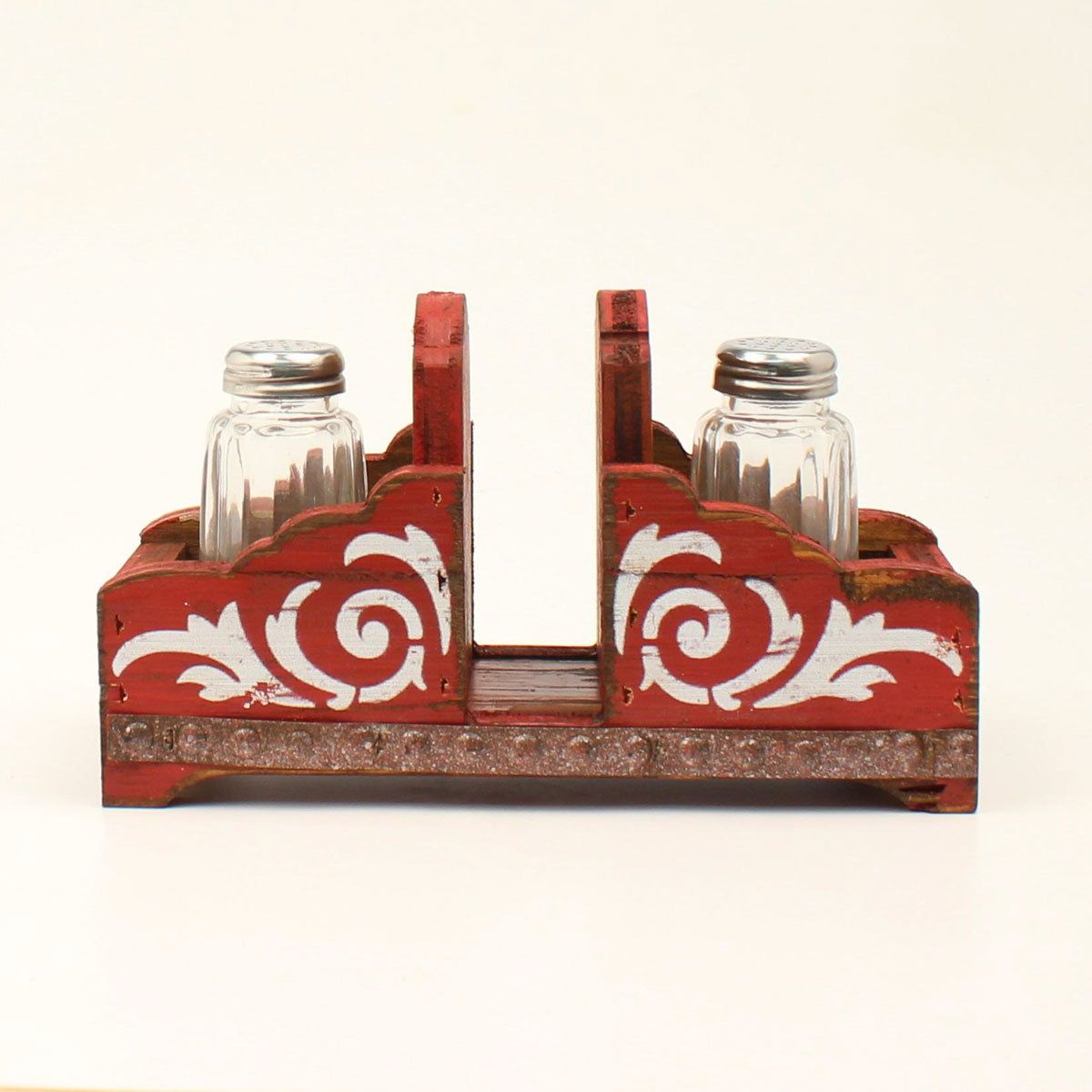 Western Moments Distressed Red with Scroll Pattern and Nail Head Salt &amp; Pepper Shaker Napkin Caddy 5x5x4"
