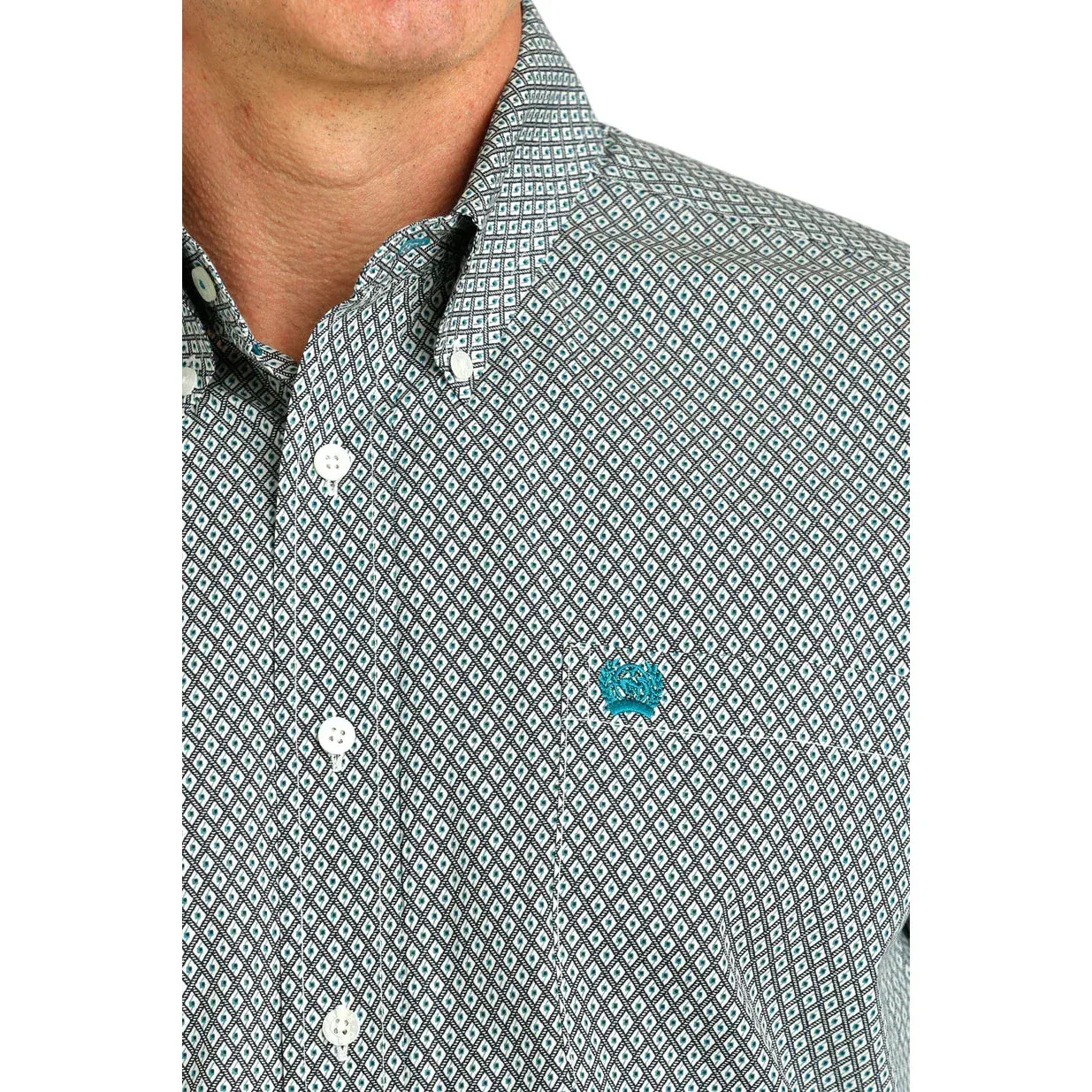 Cinch Men's Print Long Sleeve Shirt - Cream/Teal, Size: XS