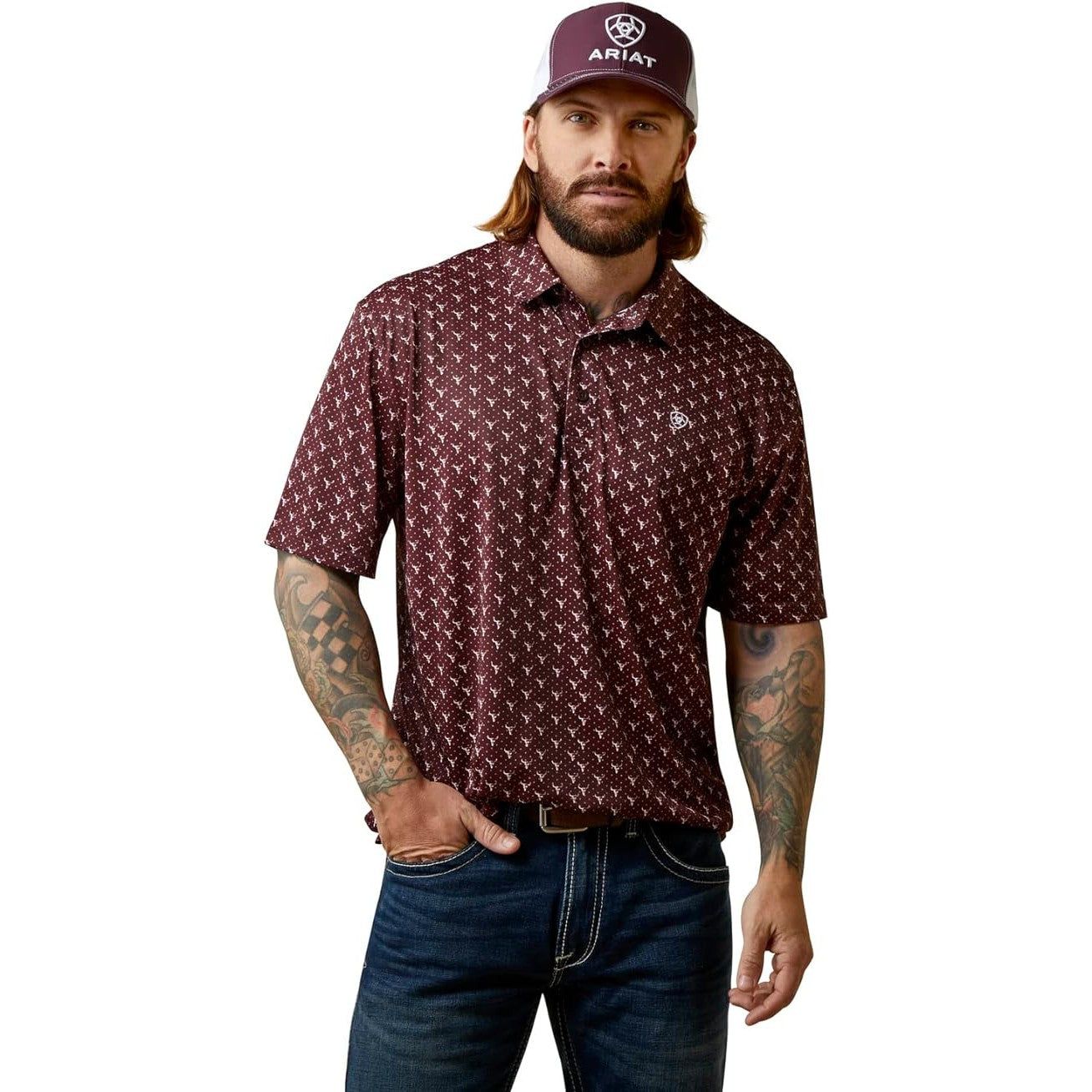 Ariat Men's All Over Print SS Polo Shirt Malbec