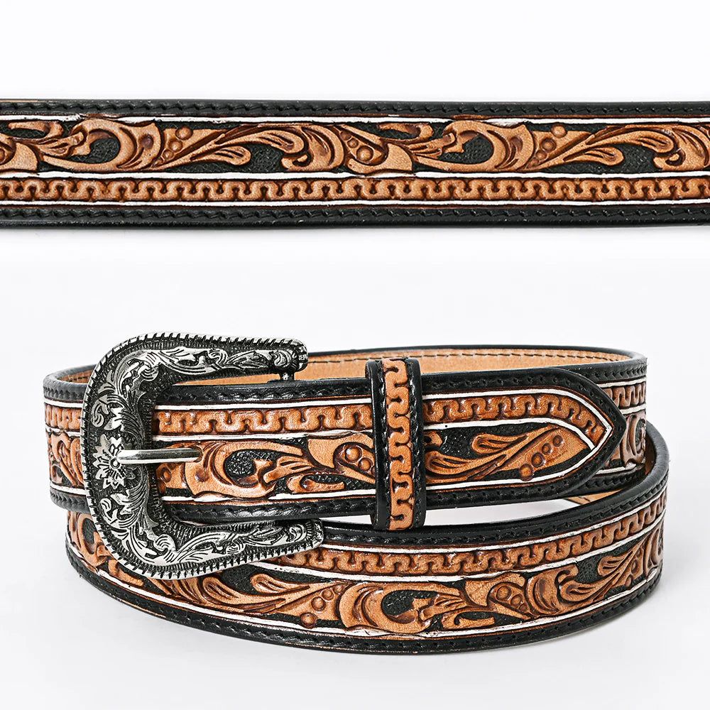 American Darling Western Tooled Leather Belt with Scrollwork &amp; Silver Buckle - Black/Tan