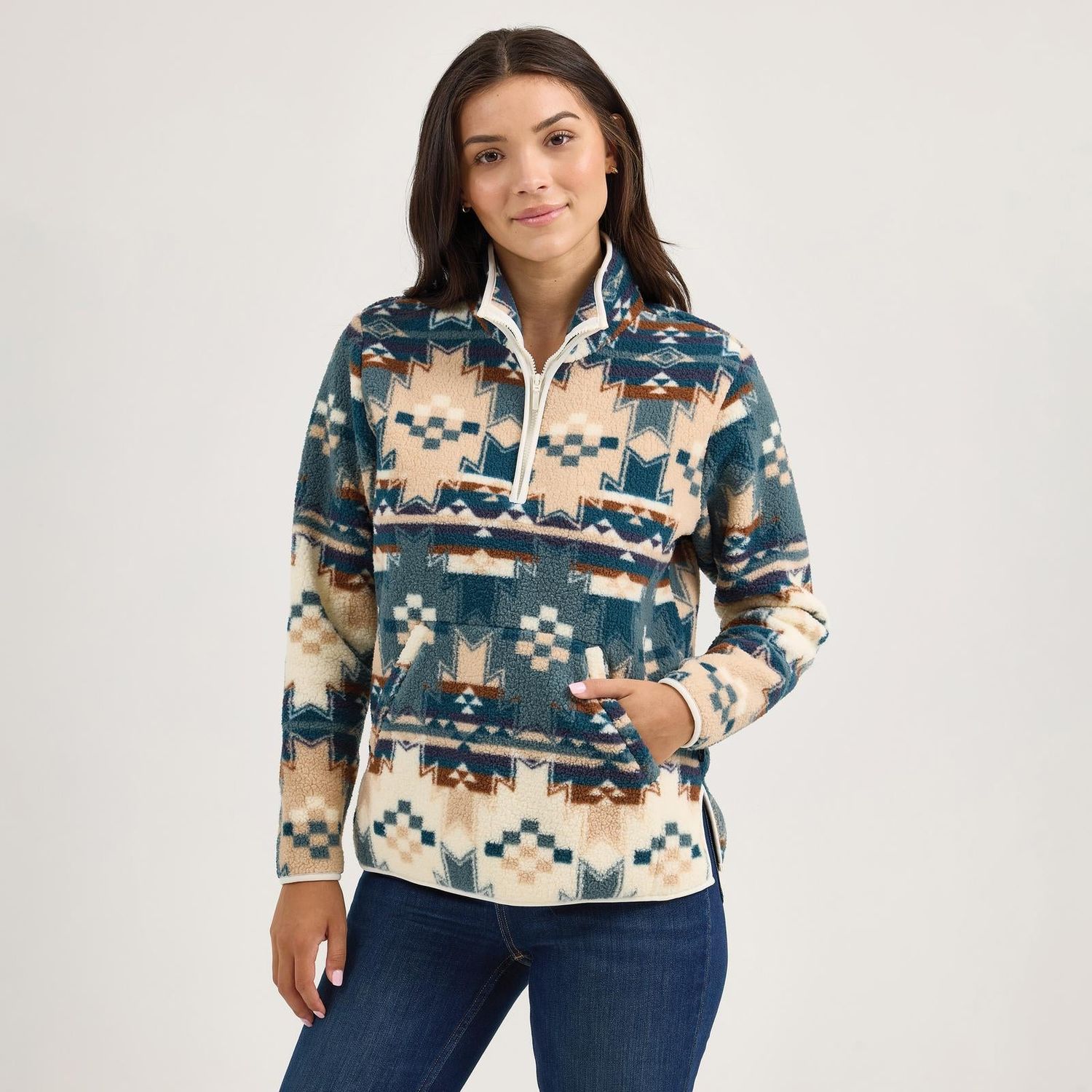 Wrangler Women's Long Sleeve Vintage 1/4 zip Pullover- Blue