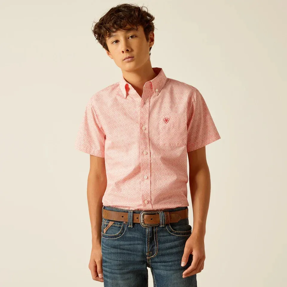 Ariat Boy's Kamden Classic Fit Short Sleeve Shirt - Coral, Size: XS