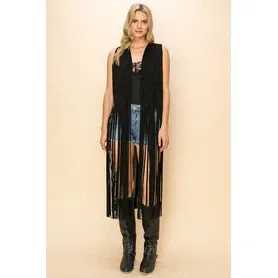 Women's Long Suede Fringe Vest, Colour: Black, Size: S