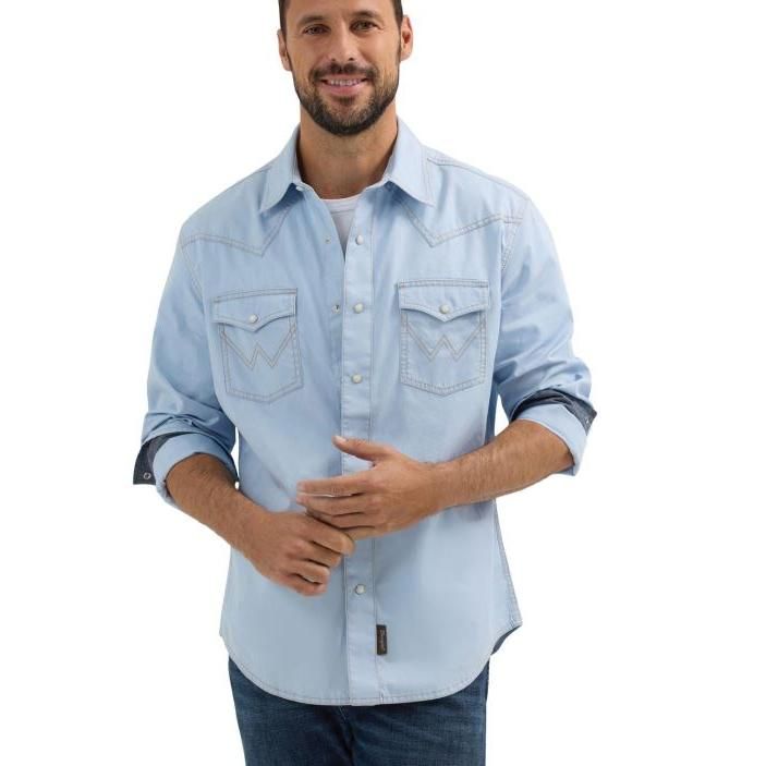 Wrangler Men's Retro Premium Long Sleeve Modern Fit Shirt- Ice Blue