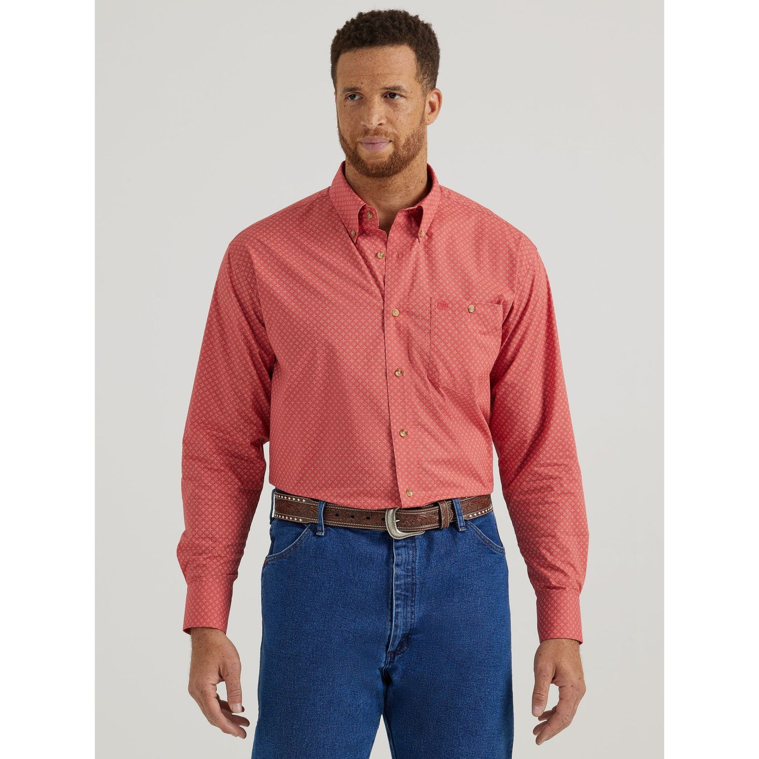 Wrangler Men's Classic Long Sleeve Geometric Button Down Shirt - Salmon