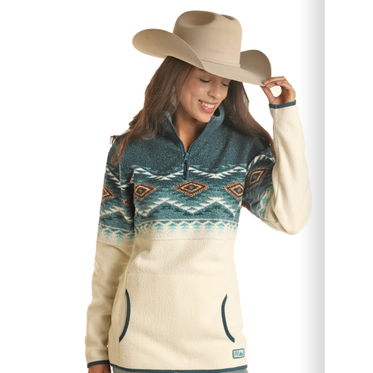 Powder River Women's Aztec Printed Border Pullover - Caribbean