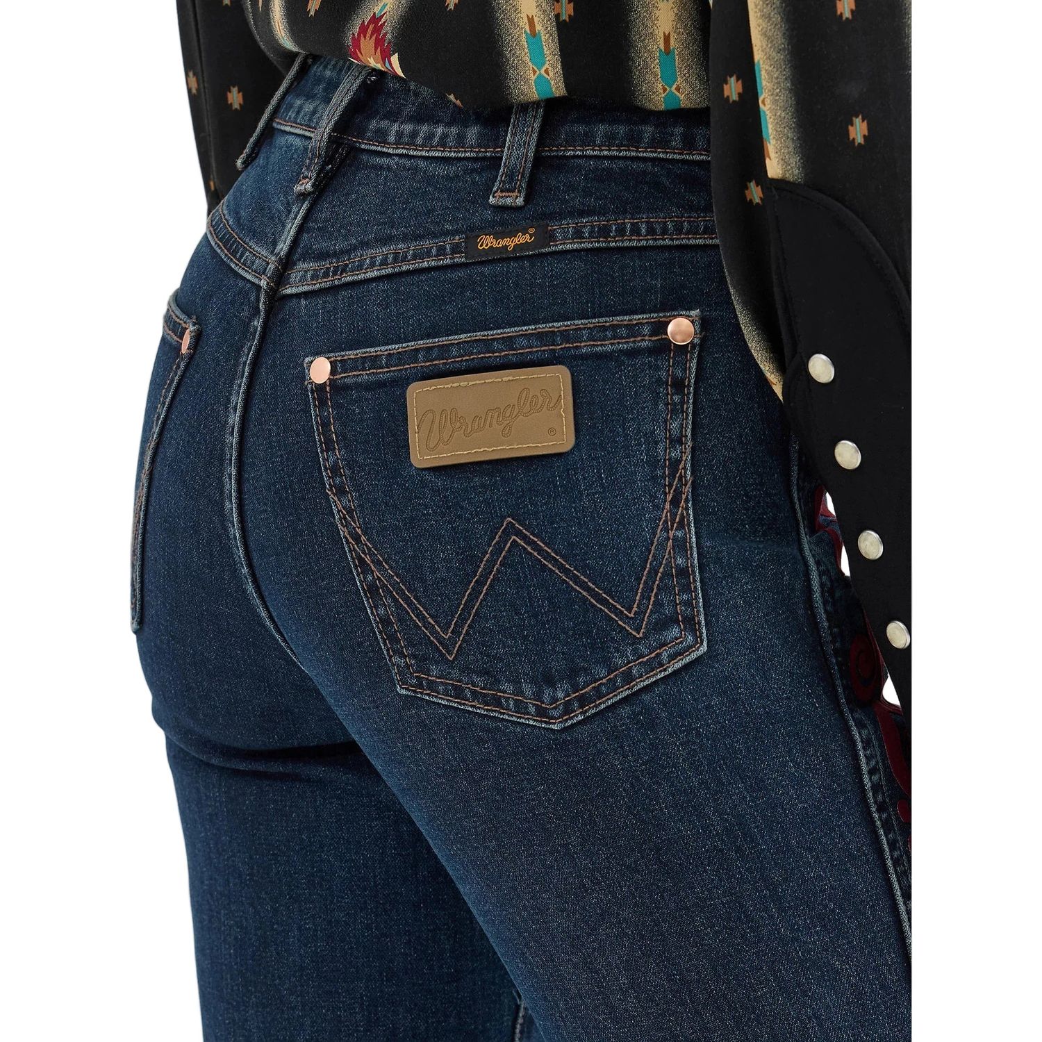 Wrangler Women's Lainey Wilson Vintage Flock Flare - Maroon Dark Wash