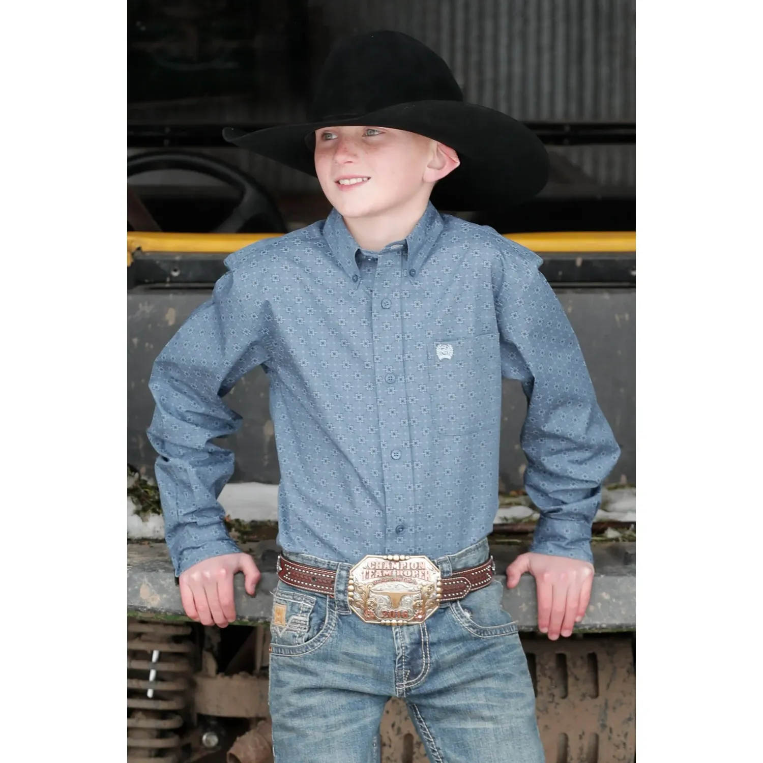 Cinch Boy's Long Sleeve Geometric Print Button Down Shirt - Blue