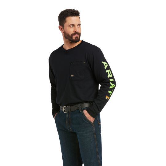 Ariat Men's Rebar Workman Logo L/S T-Shirt - Black/Lime