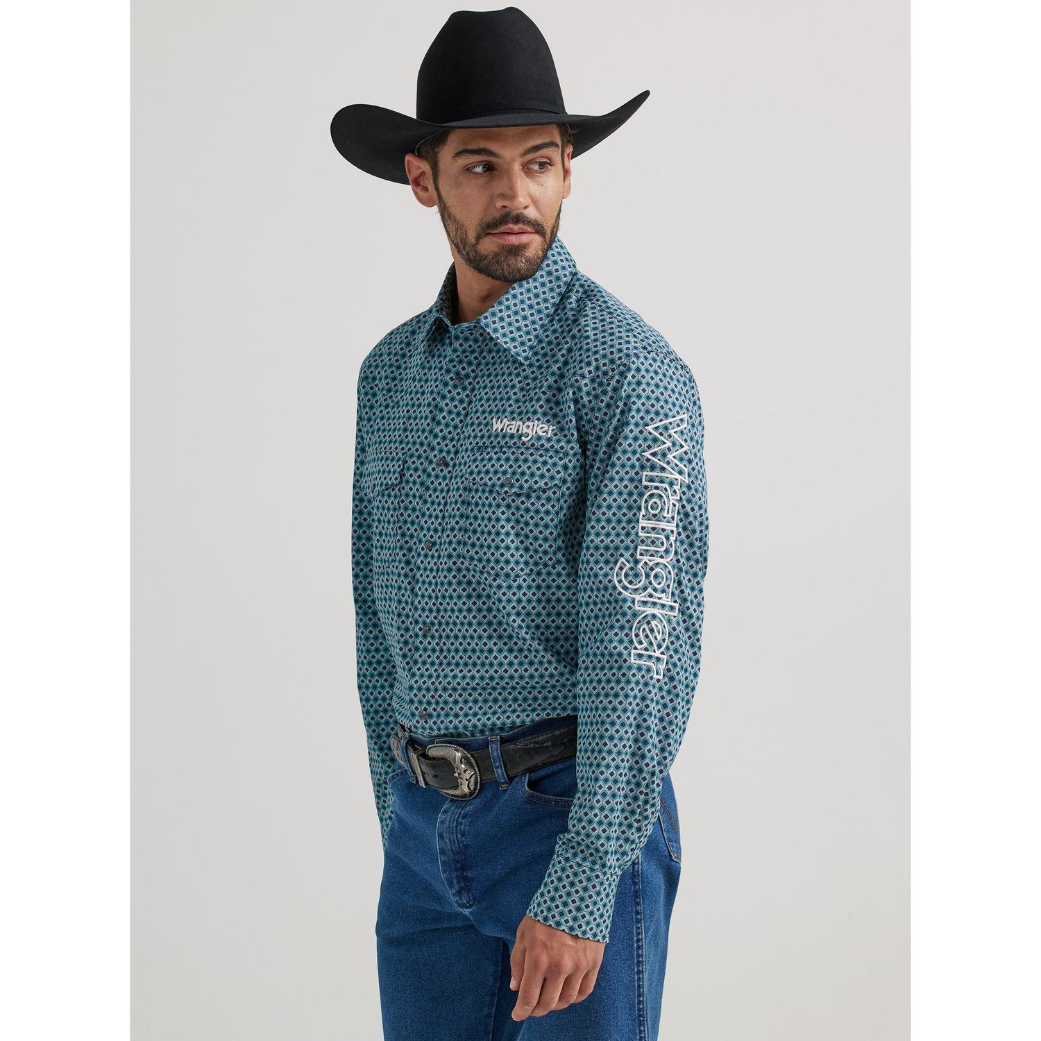 Wrangler Men's Logo Long Sleeve Button-Down Shirt - Teal