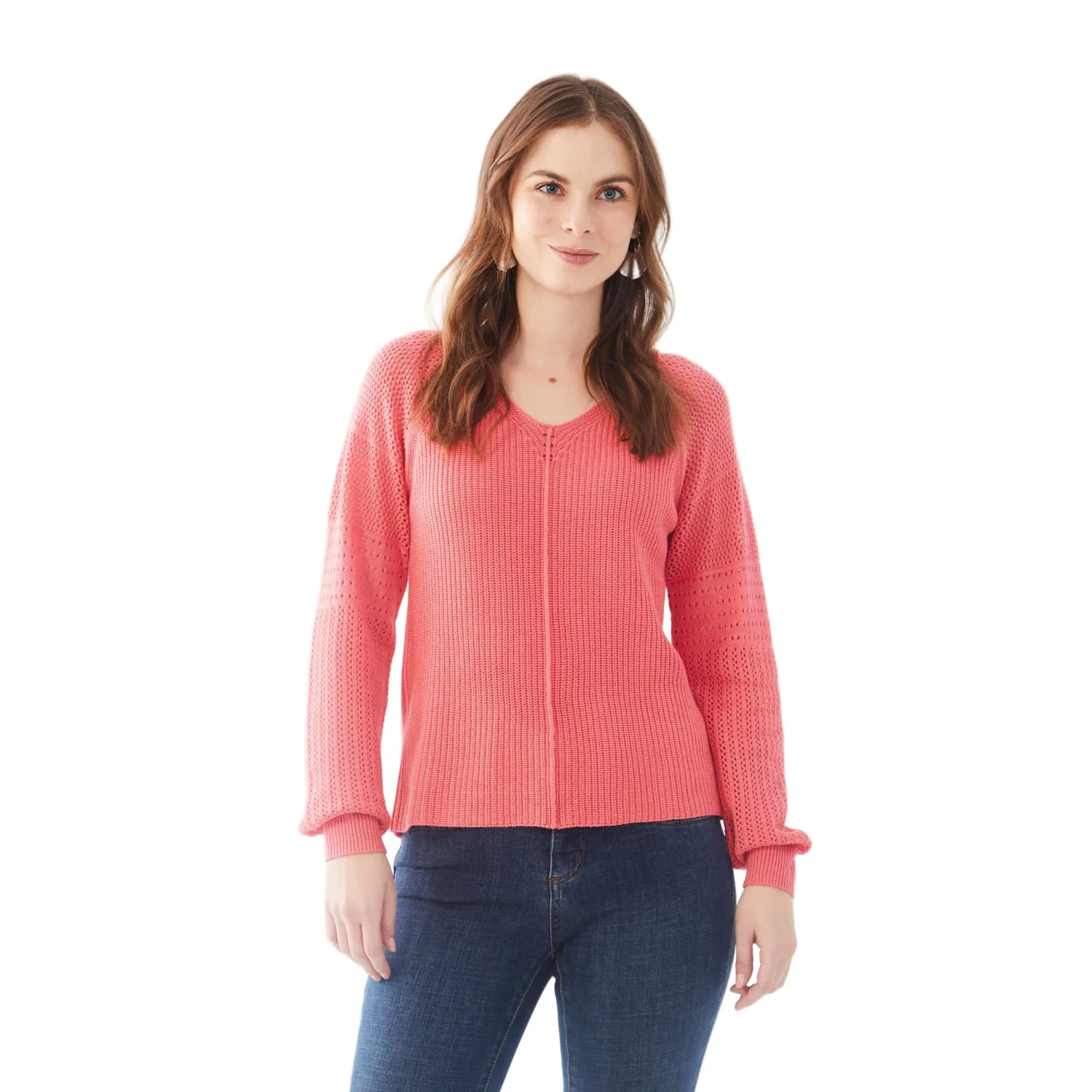 FDJ Women's Long Pointelle Sleeve V-Neck Sweater - Assorted Colours, Colour: Flamingo Pink, Size: S