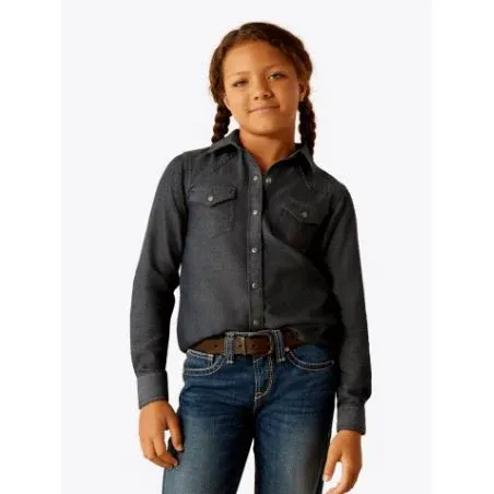 Ariat Girl's Chambray Snap Long Sleeve Shirt - Medium Blue, Size: XS