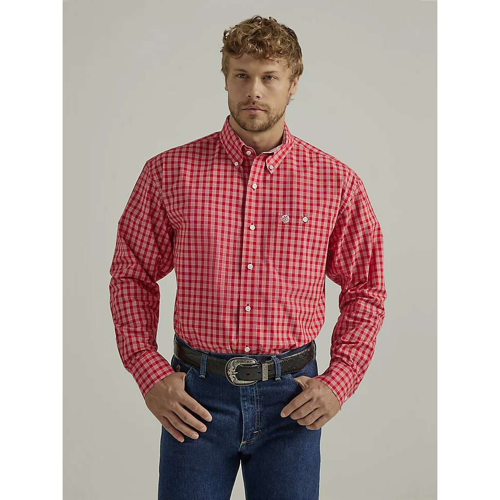 Wrangler Men's George Strait Long Sleeve Button Down 1 Pocket Plaid Shirt - Rosy Red Plaid