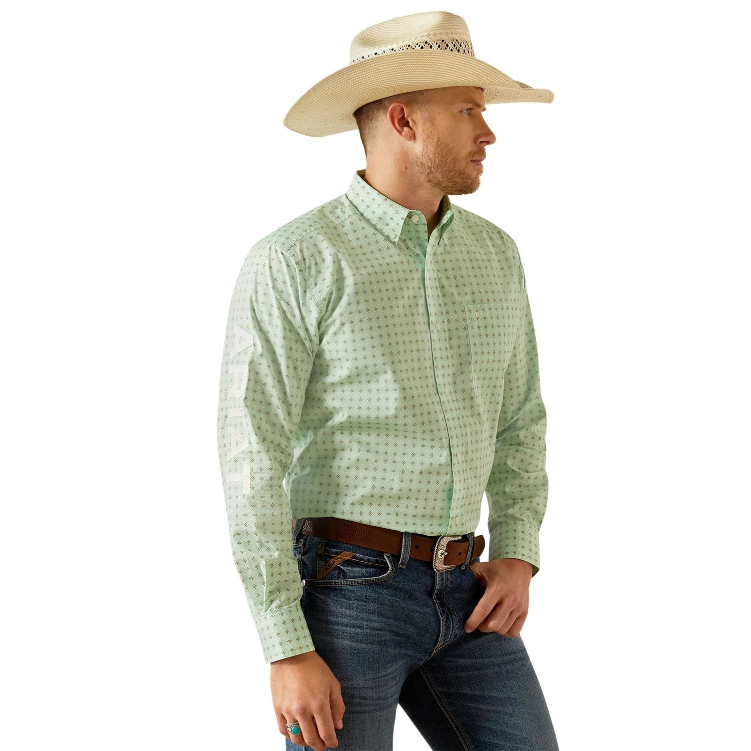 Ariat Men's Long Sleeve Team Pierson Classic Fit Shirt - Light Green/White