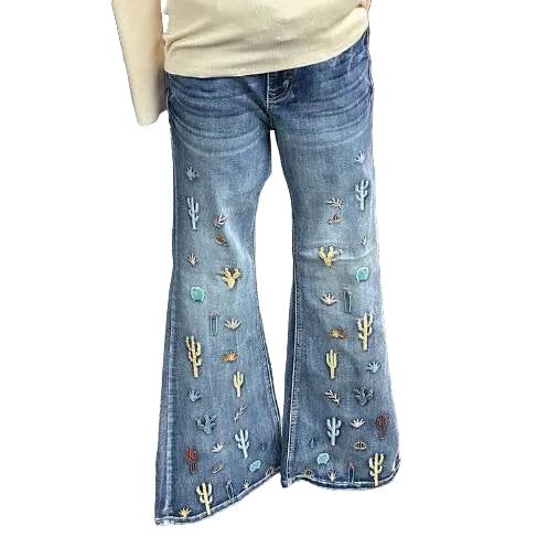 Grace in LA Women's Cactus Embroidered Flare Jeans-