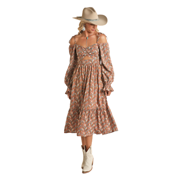 Rock &amp; Roll Women's Boho Cold Shoulder Dress - Rust