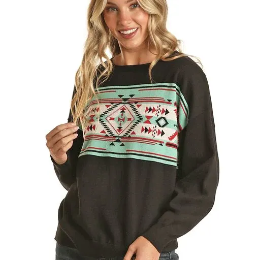 Rock &amp; Roll Women's Aztec Pullover Hoodie, Color: Black, Size: XS