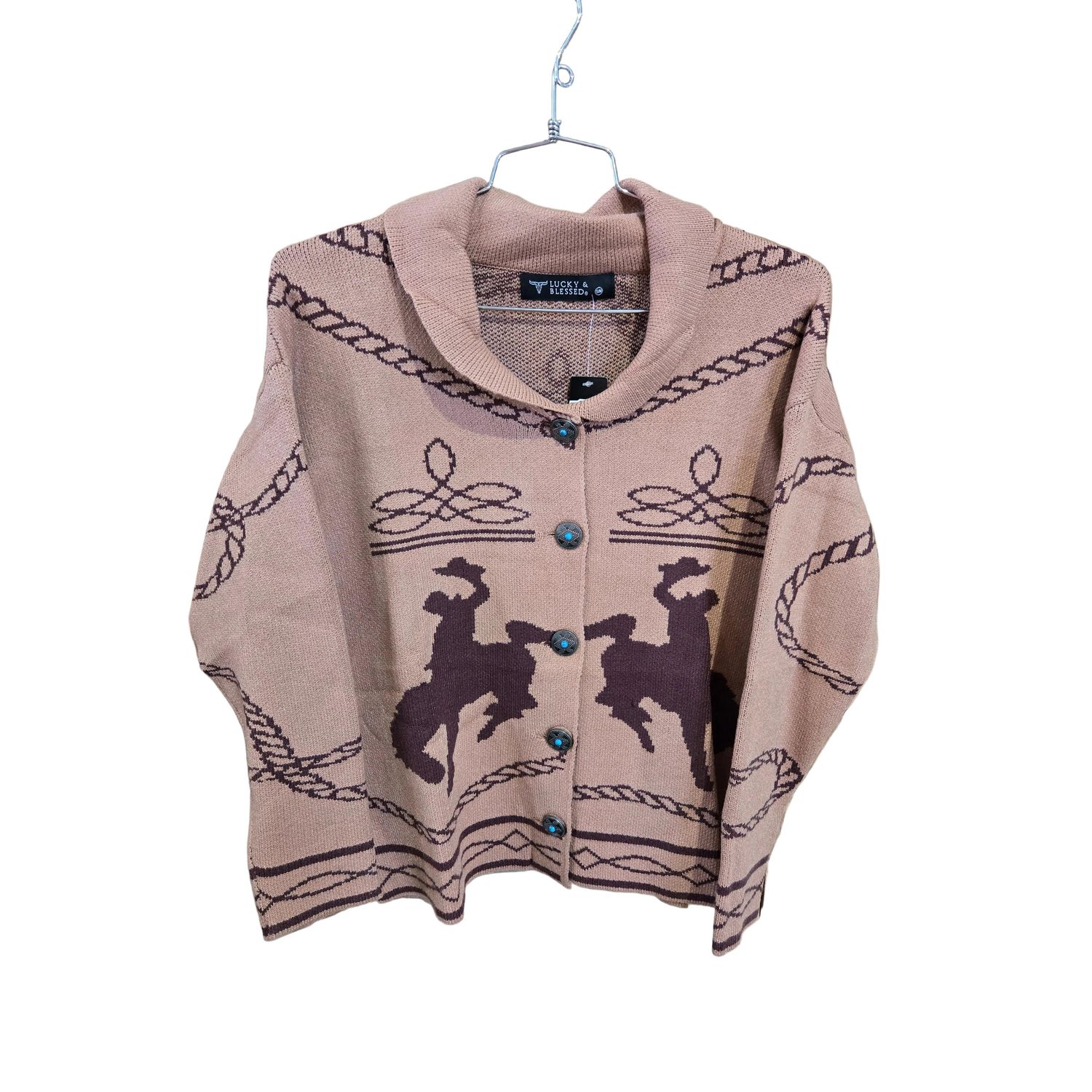Lucky &amp; Blessed Women's Long Sleeve Button Down Sweater- Camel
