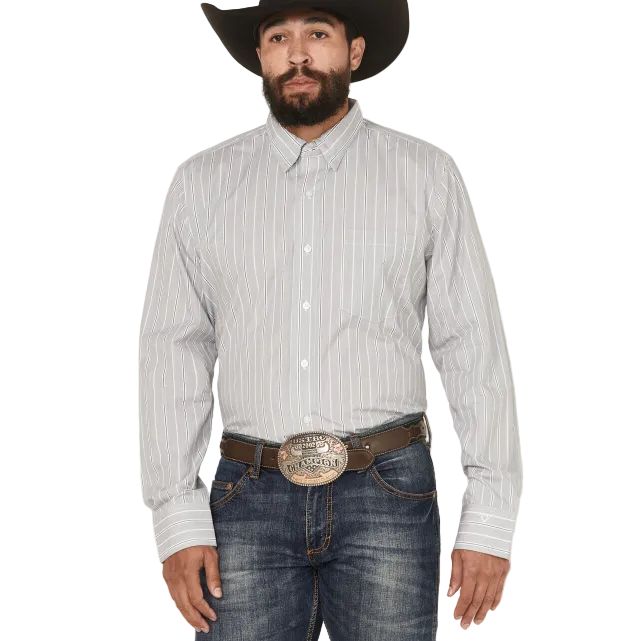 Wrangler Men's Cody Johnson Long Sleeve Stripe Shirt- Charcoal