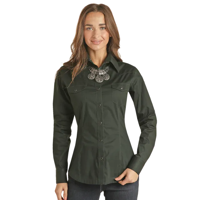 Panhandle Women's Solid Stretch Poplin Shirt, Colour: EVERGREEN, Size: XS