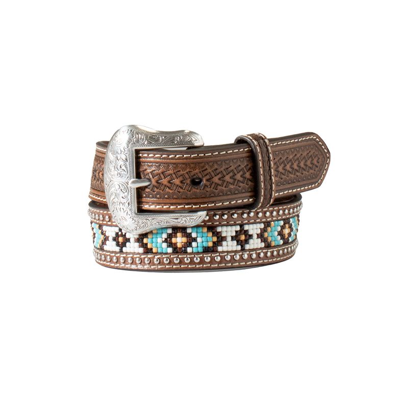 Nocona Boy's Arrow &amp; Basket Weave Beaded Inlay Belt - Brown