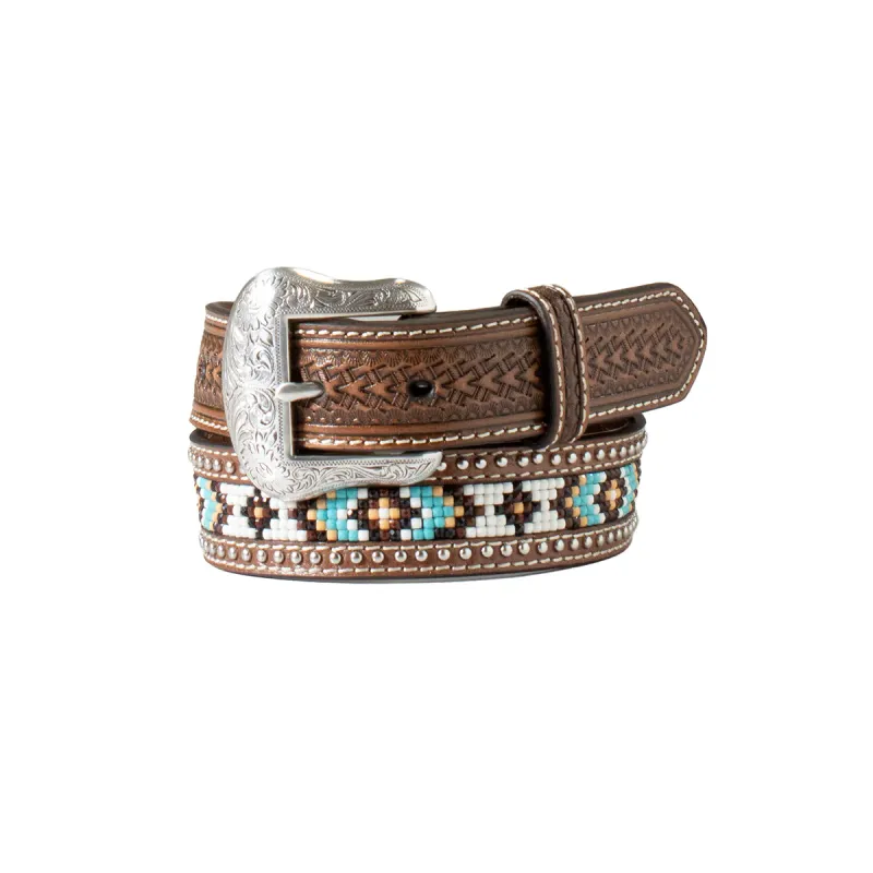 Nocona Boy's Arrow &amp; Basket Weave Beaded Inlay Belt - Brown