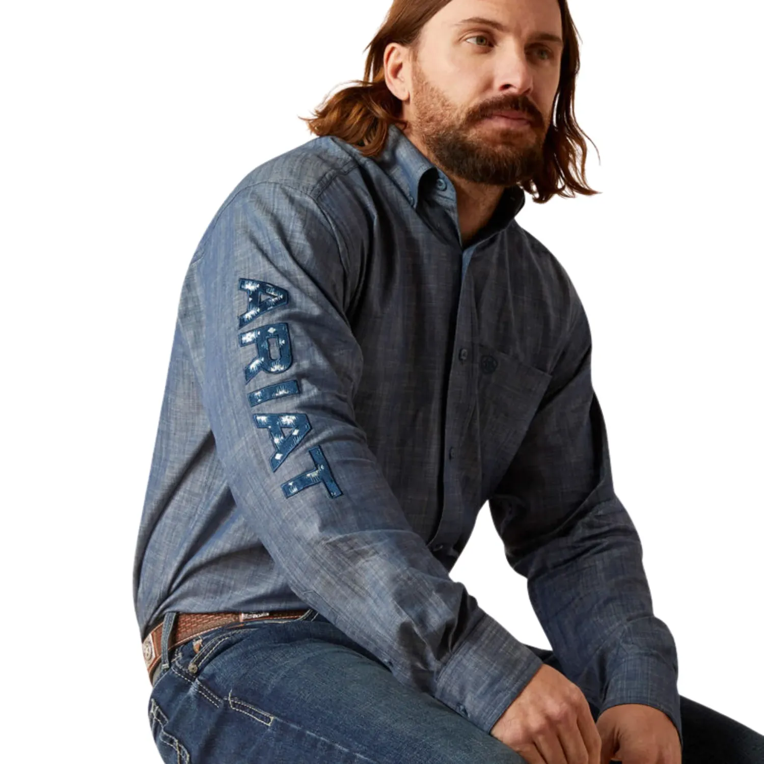 Ariat Men's Team Logo Chambray Classic Fit Shirt- Blue Chambray