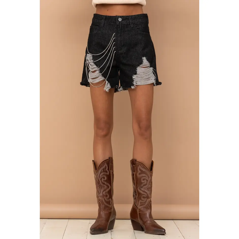 Blue B Distressed Front Frayed Bottom Chain Detail Denim - Black