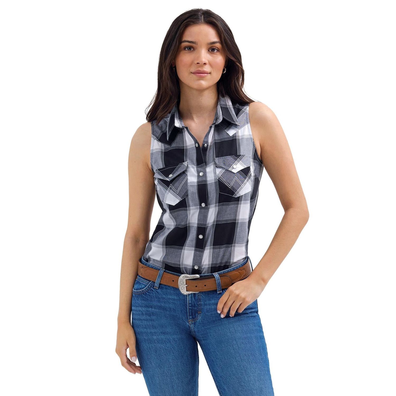 Wrangler Women's West Short Sleeve Essential Shirt- Black/White