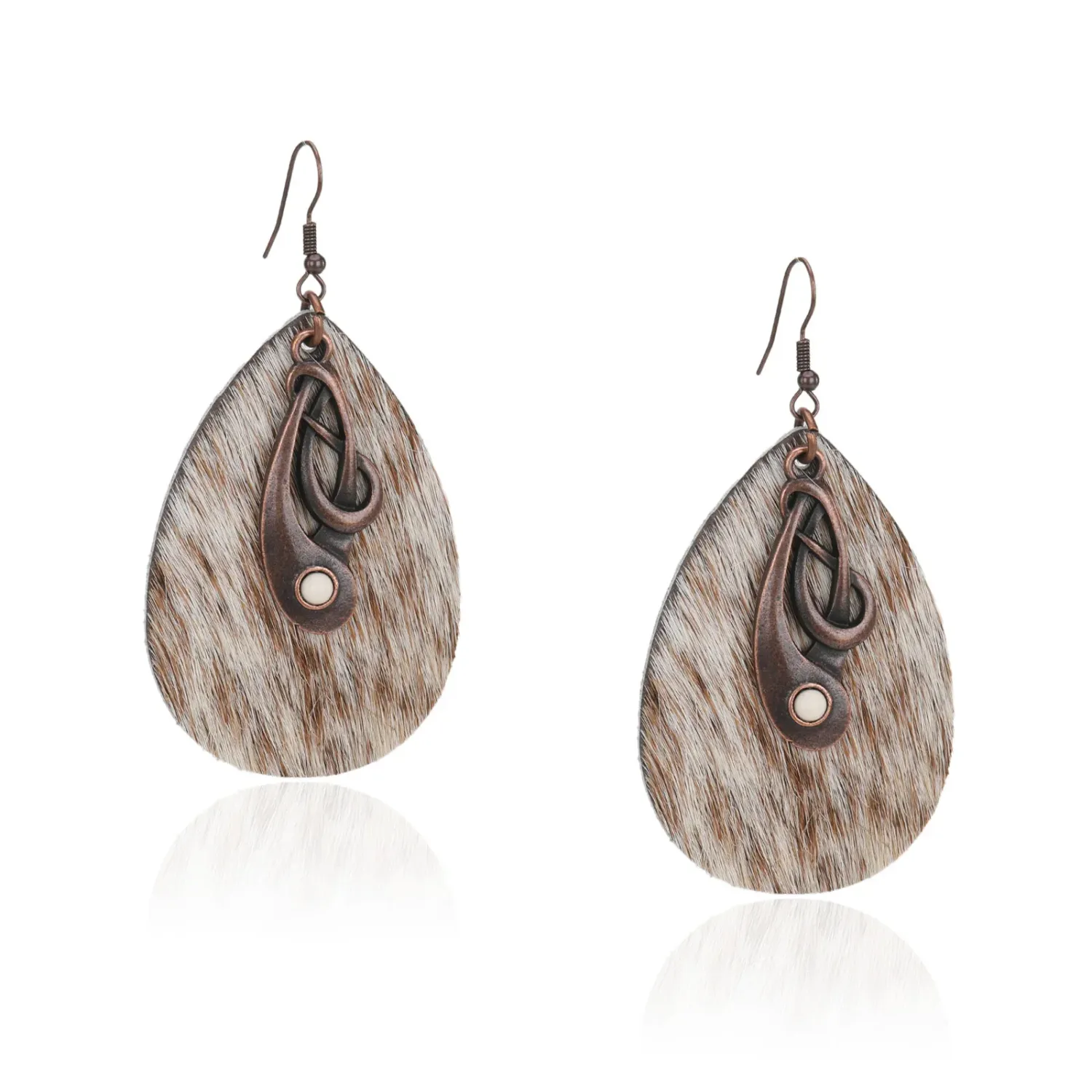 Rustic Couture Cowhide Tear Drop Dangling Earring, Color: silver-3