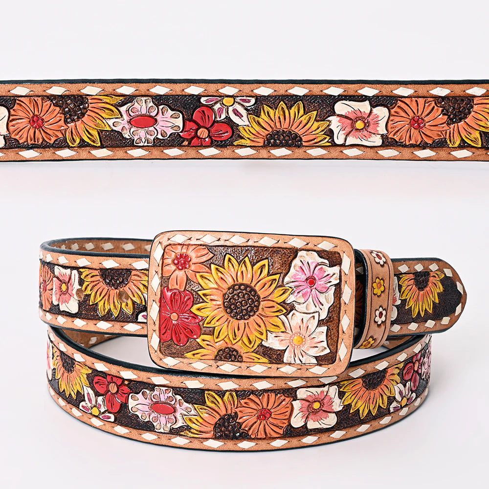 American Darling Tooled Leather Belt - Pink &amp; Orange Flowers