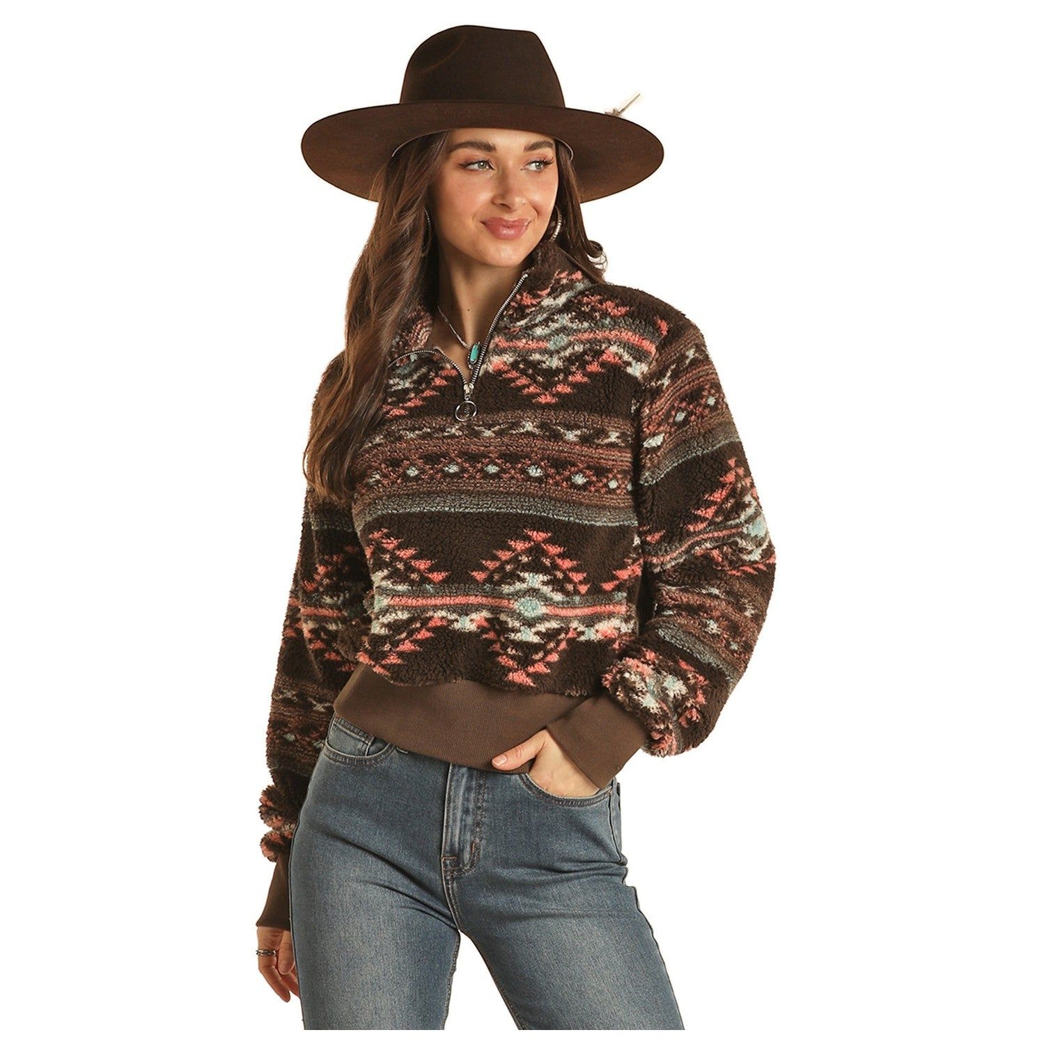 Rock &amp; Roll Women's Zip Pullover w/Print - Chocolate