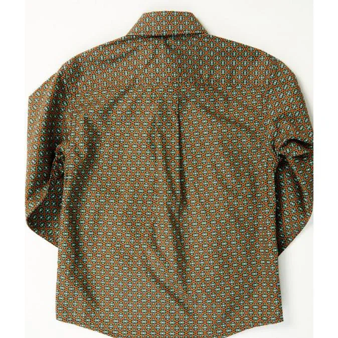 Cinch Boy's Long Sleeve Button Down Geometric Print Shirt - Brown