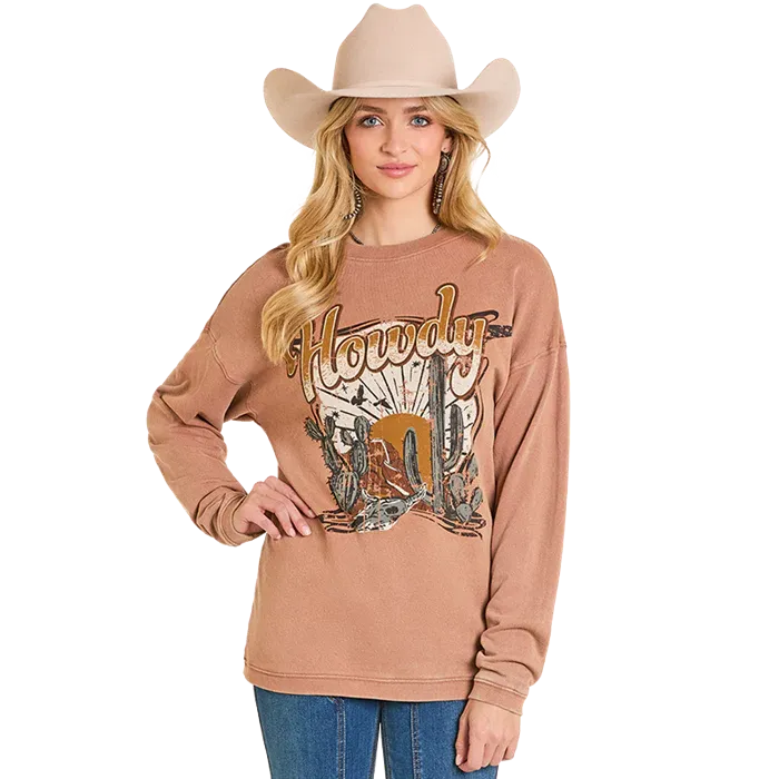 Rock &amp; Roll Women's Howdy Graphic Pullover - Brown