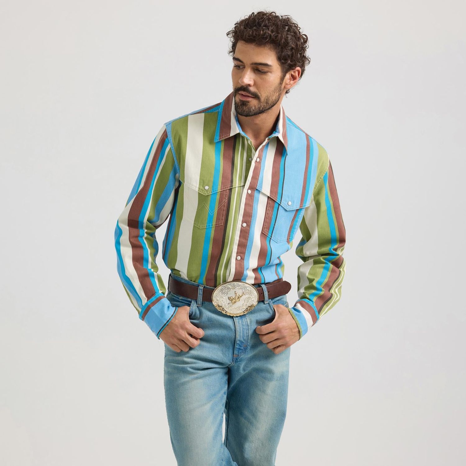 Wrangler Men's Long Sleeve Vintage Inspired Western Shirt- Blue/Green