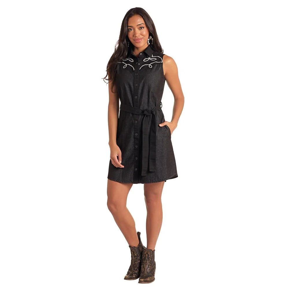 Panhandle Women's Two Tone Sleeveless Yoked Dress- Black