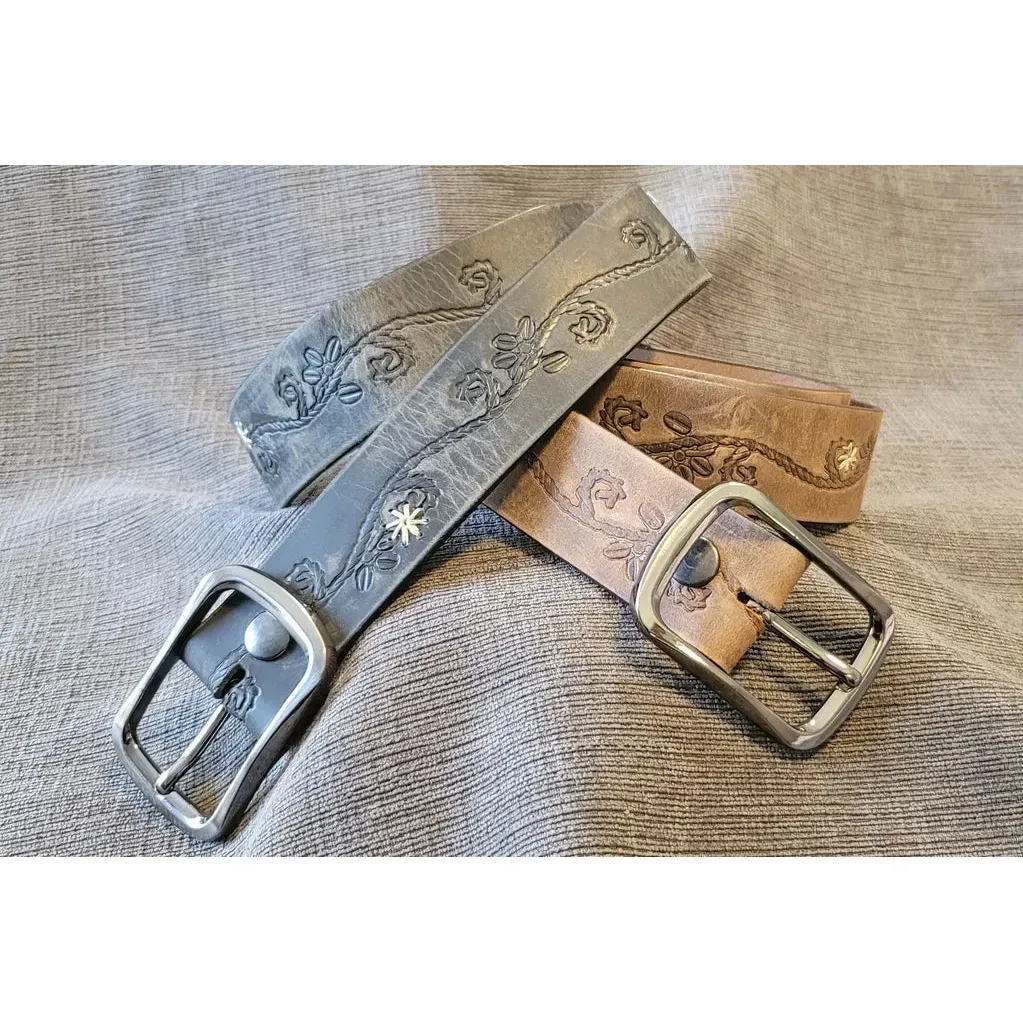 Barrett Women's Belt- Distressed Brown with Floral Stitching- Multiple Colours